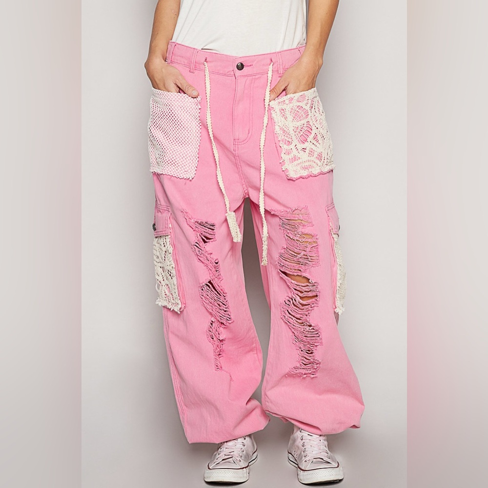 #138 POL Barbie Pink jogger distressed pants with crochet pockets